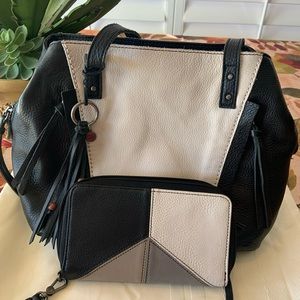 Sak Black and Cream Leather handle handbag and black, cream and Gray wallet.